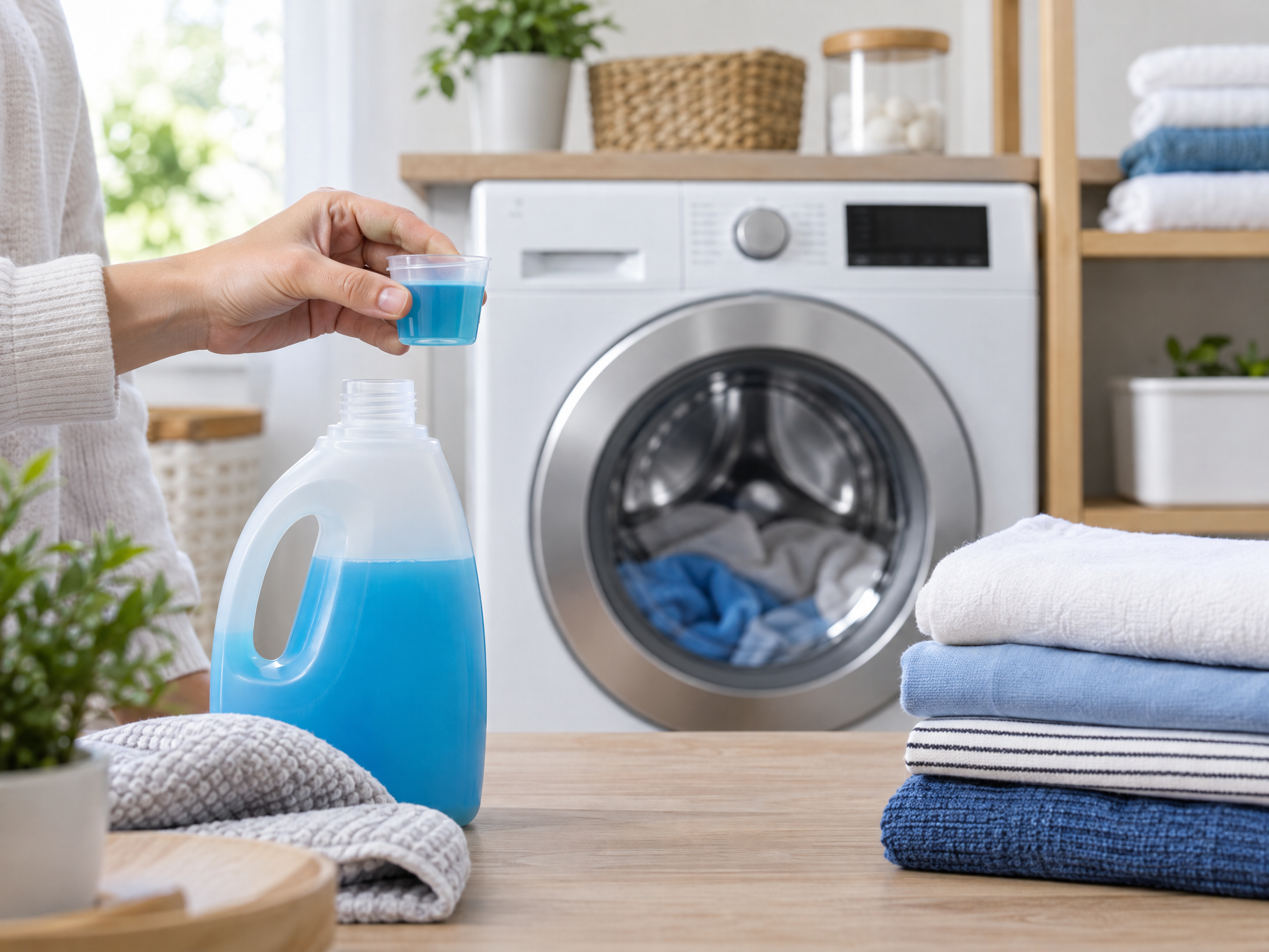 Correct amount of liquid detergent being measured beside a washing machine
