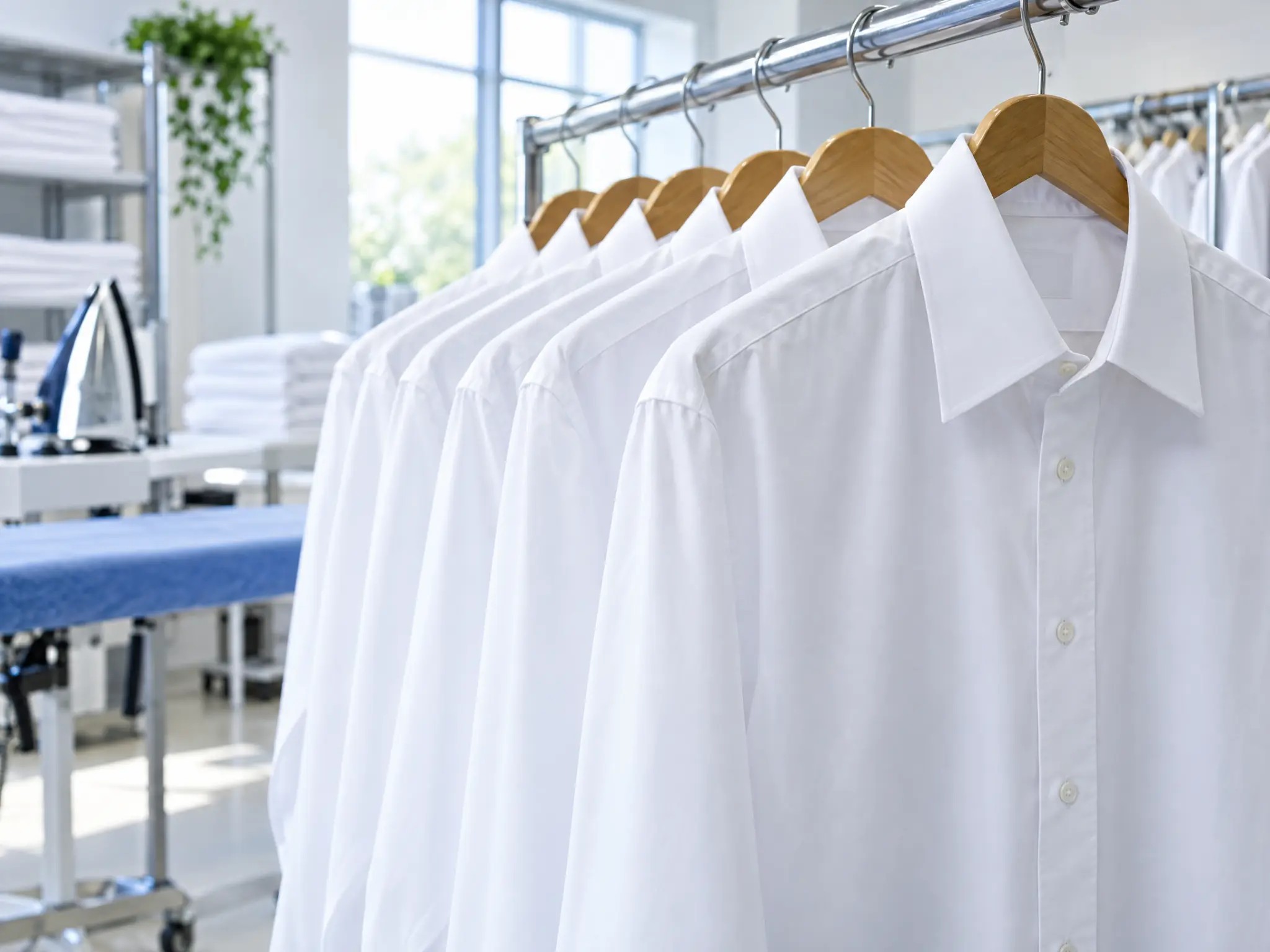Freshly cleaned white shirts hanging neatly in a bright finishing area